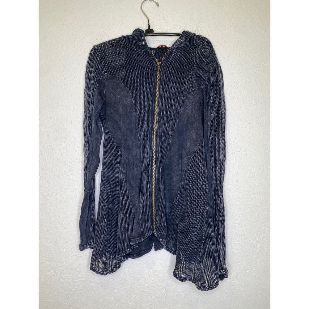 T Party Fish Net Ribbed Panel Hoodie Mineral Navy Sz Lg Zipper Shark Bite Hem